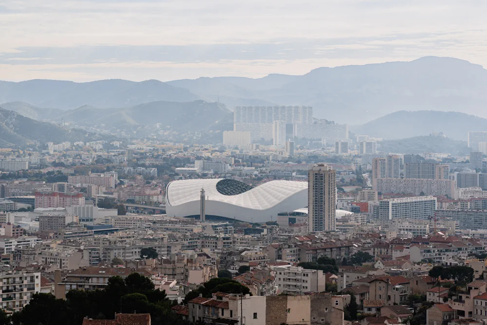 Marseille skyline with Olympique Marseille stadium Stade Velodrome