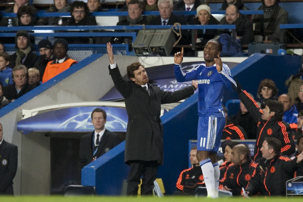 Chelsea's coach André Villas-Boas and striker Didier Drogba during a match