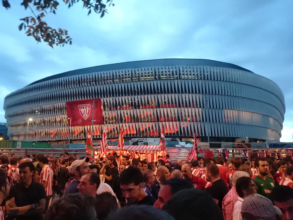 Athletic Bilbao fans with Estadio San Mamés in the background