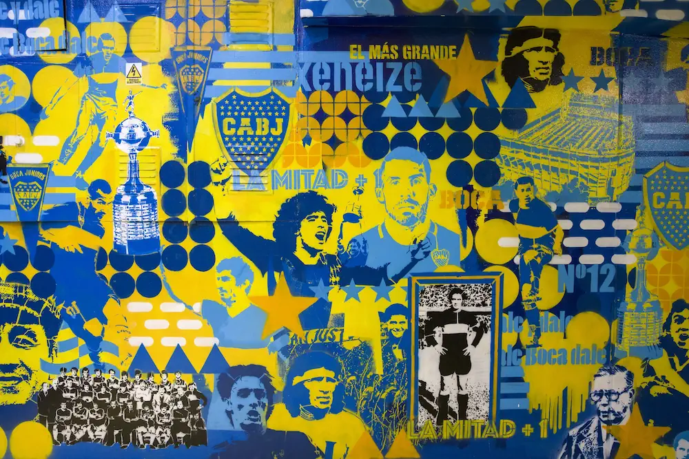 Painted wall with historical figures from Boca Juniors
