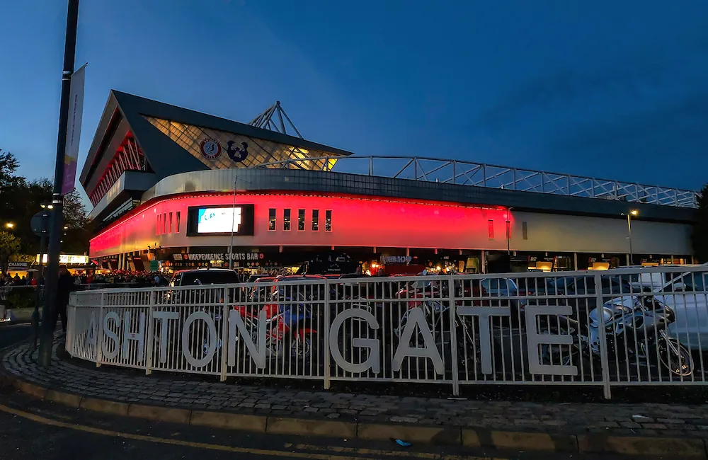 Outside Bristol City FC's home arena Ashton Gate in a dark evening