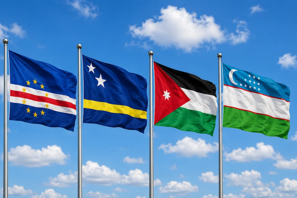 Cape Verde, Curaçao, Jordan and Uzbekistan flags