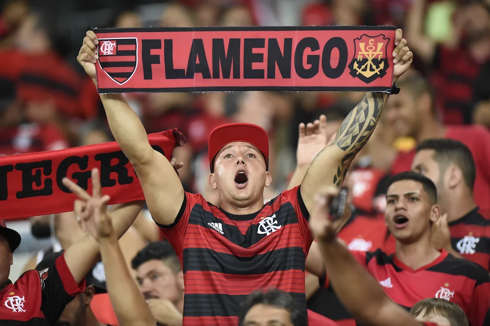 Flamengo fan holding up a scarf during a match