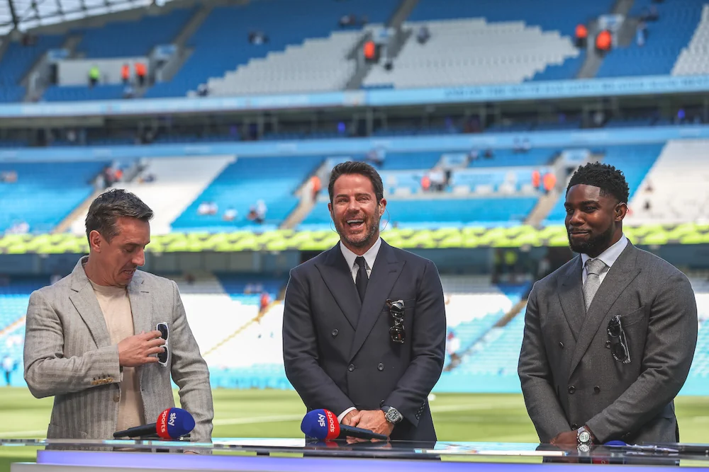 Pundits Gary Neville, Jamie Redknapp and Micah Richards waiting to discuss some football